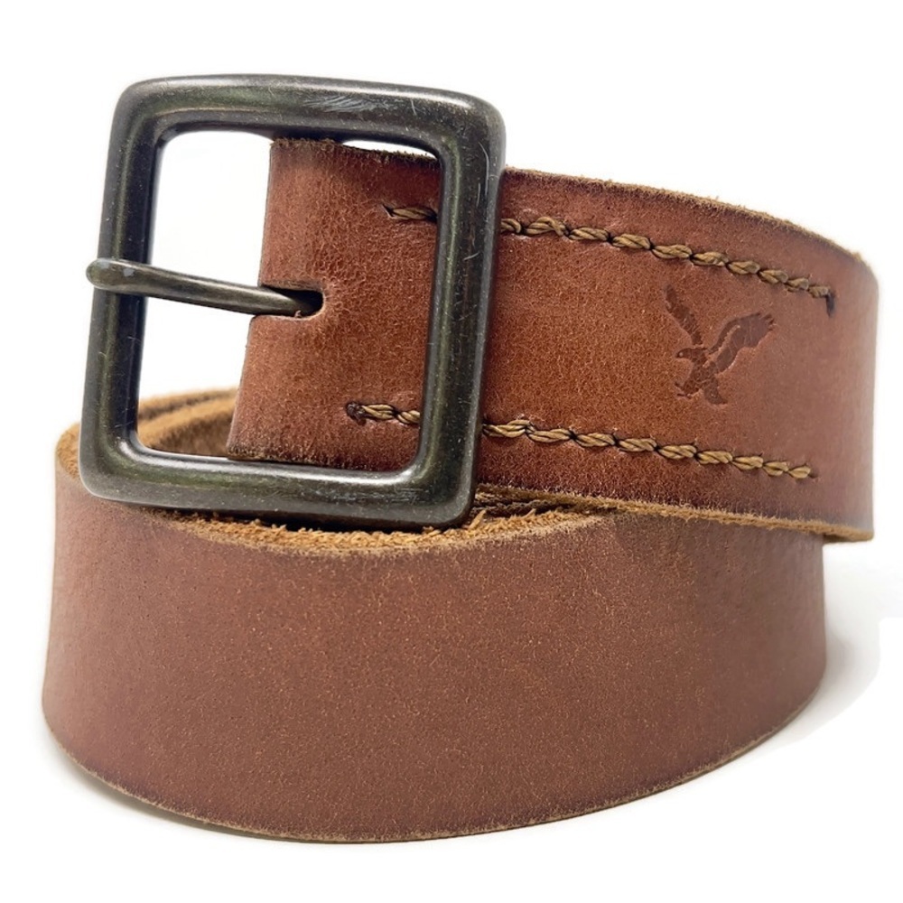 Vintage American Eagle Men's Brown Leather Belt, Gun metal buckle